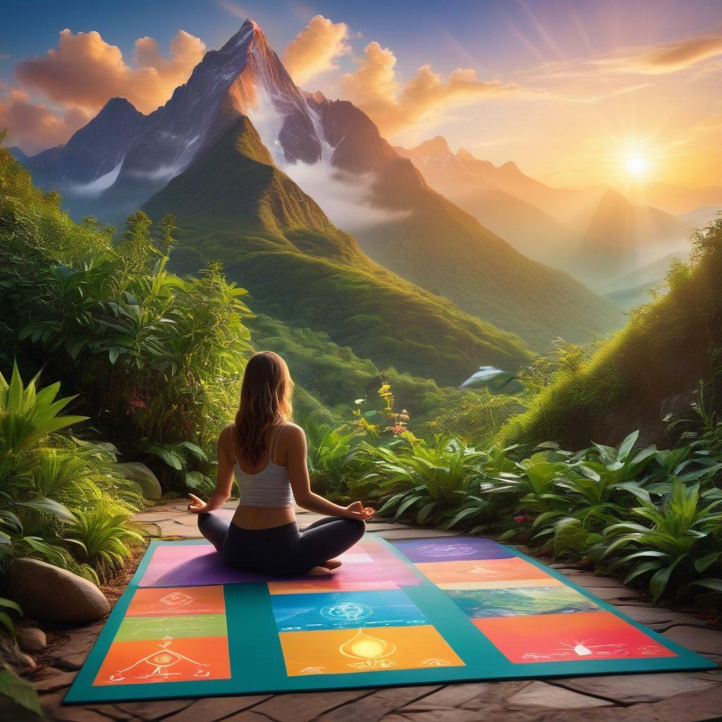 A serene landscape featuring a woman meditating on a mountain peak at sunrise, surrounded by symbols of wellness like yoga mats, crystals, and plants. Include a pathway leading to the peak symbolizing a journey of personal growth, with light rays shining down to represent empowerment. The atmosphere should evoke tranquility and inspiration. super-realistic. vibrant colors. soft focus.