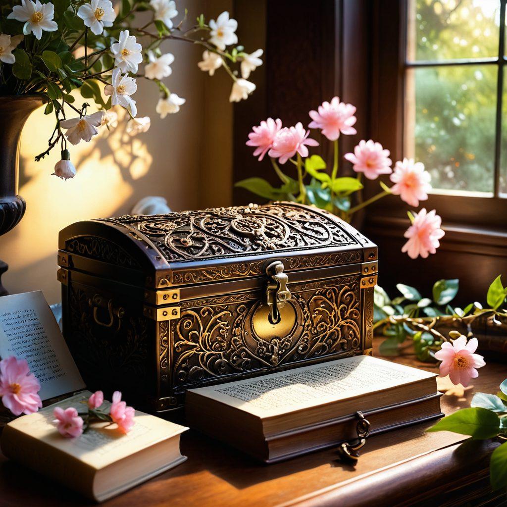 A serene landscape featuring a mystical, ancient key unlocking a treasure chest filled with beauty products, wellness items, and personal growth books. Surround the scene with soft glowing lights and blossoms, symbolizing transformation and growth. In the background, a tranquil garden with a glowing sunrise, representing new beginnings. The overall mood should inspire curiosity and a sense of adventure. super-realistic. vibrant colors. soft focus.